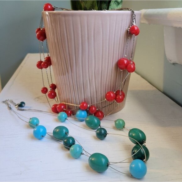 Bundle of Two Beaded Necklaces, Turquoise Blue, Green, Red, Silver Tone - Picture 3 of 4